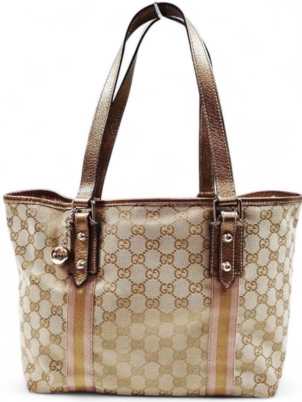 🔝GUCCI Tote Bag in Beige Rose Gold GG Sherry Line Canvas Charm GG included